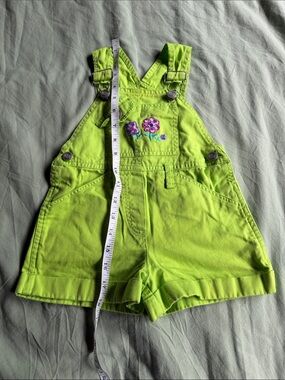 Girls' Neon Lime Floral Embroidered Short Overalls